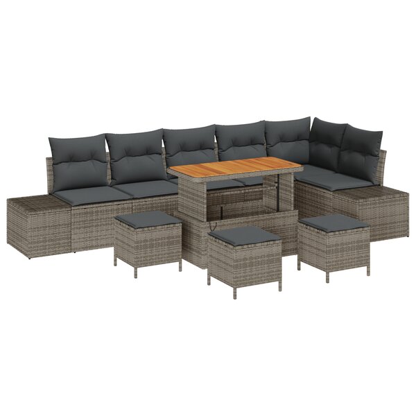 vidaXL Canapé de jardin 10 pièces avec coussins gris en poly rattan et acacia