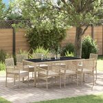 Ensemble de salle à manger de jardin 9 pièces avec coussins beige en poly rattan