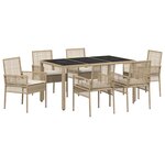Ensemble de salle à manger de jardin 7 pièces avec coussins beige en poly rotin
