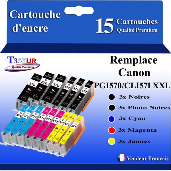 T3AZUR - 15x Cartouches compatibles avec Canon PGI-570XL CLI-571 XL pour Canon Pixma MG6852 MG6853 MG7750 MG7751 MG7752 MG7753
