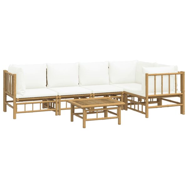 Salon de jardin meuble d'extérieur ensemble de mobilier 6 pièces avec coussins blanc crème bambou 02_0016637