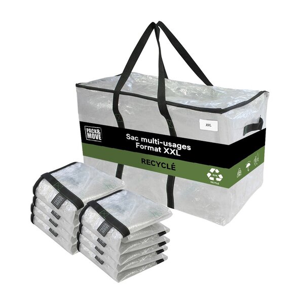 Pack and Move - Lot 8 Grands Sacs Déménagement Transparent Recyclé - Rangement Et Transport Ultra Résistant - Réutilisable - Poignées Solides - 100L