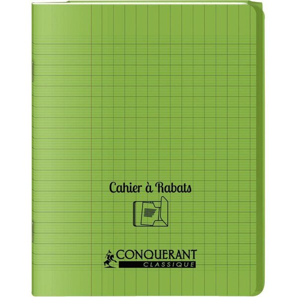 Cahier 96 pages seyès 90 g avec couverture polypropylène vert 3 rabats  format 17 x 22 cm CONQUERANT