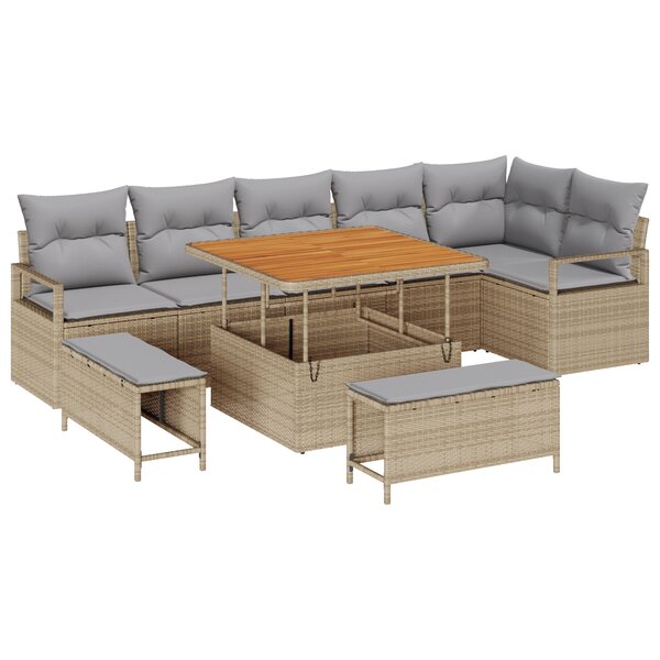 Set de canapé de jardin 9 pièces avec coussins beige poly rotin acacia