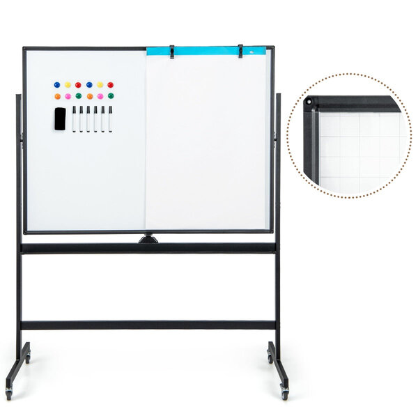 Tableau blanc mobile magnétique double face quadrillé 120 x 90 cm tableau réversible effaçable à sec 2 hauteurs réglables 12 aimants 6 stylos noir