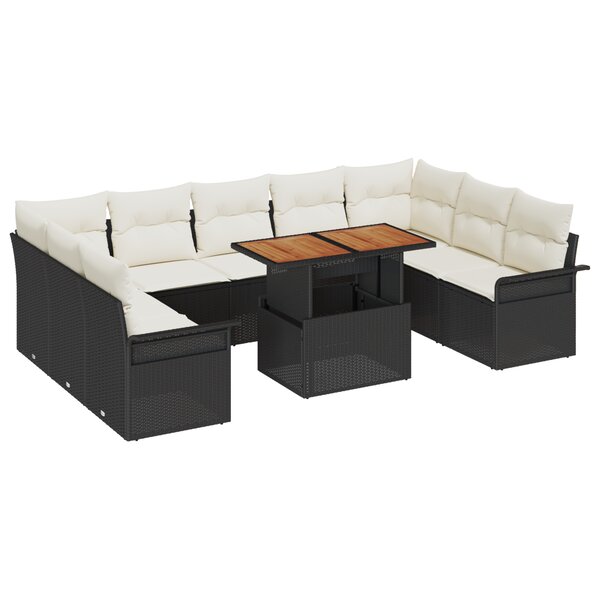 Ensemble Canapé de Jardin 10 Pièces avec Coussins Rattan Poly Noir