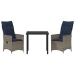 Ensemble de Salle à Manger de Jardin vidaXL 3 Pièces avec Coussins en Rattan Poly Gris