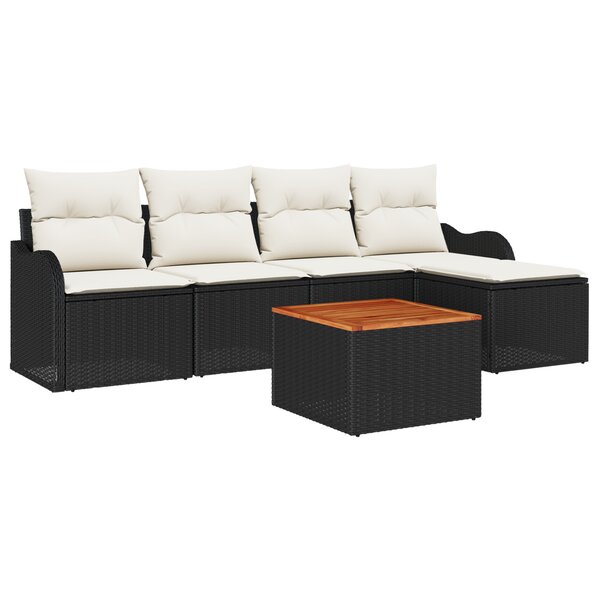 Ensemble de canapé de jardin 6 pièces avec coussins Noir en poly rattan Acacia