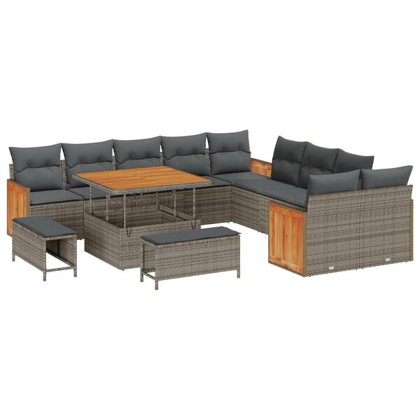 Ensemble de Canapé de Jardin vidaXL 13 pièces avec Coussins Gris Rattan Poly Acacia