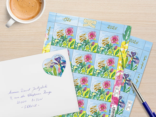 Planches de feuilles timbres cœur Fragonard et courrier