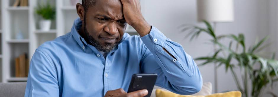 homme avec un smartphone, face à un problème