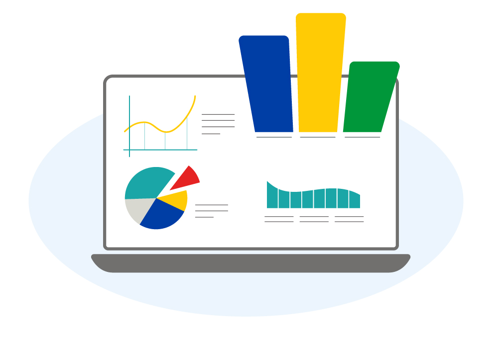 Illustration d'une ordinateur avec des graphiques et statistiques 