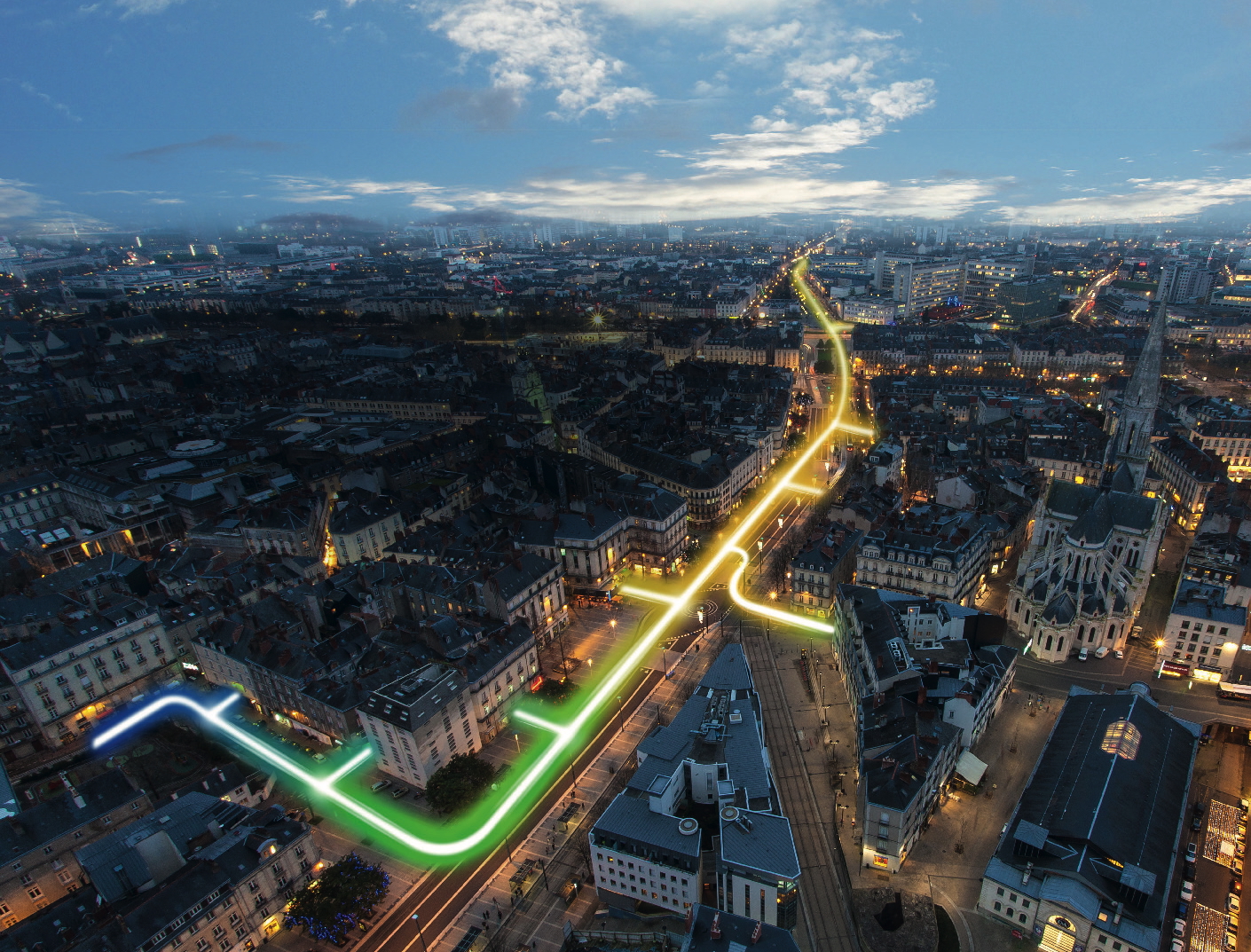 Visuel d'illustration d'une ville traversée par un faisceau lumineux