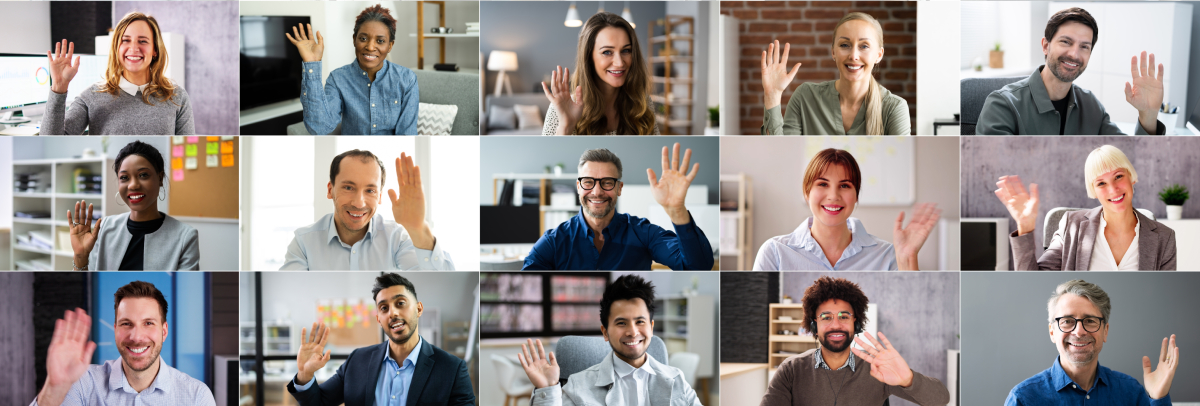 mosaïque de photos et plusieurs personnes saluant la caméra en participant au vote électronique