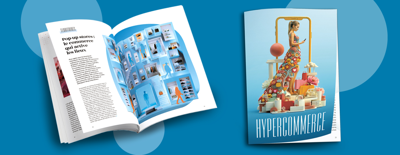 Le Mag Hypercommerce couverture et intérieur sur fond bleu La Poste Soutions Business