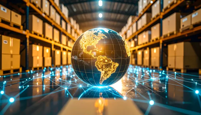 Globe terrestre entre des étagères remplies de colis de transport 