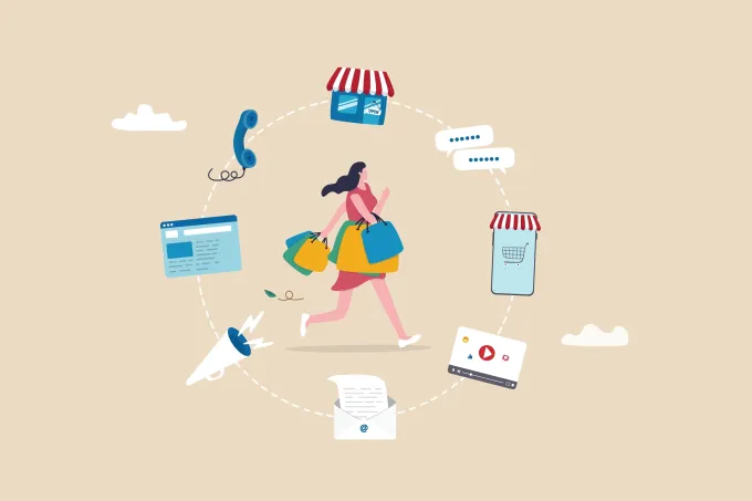 Illustration d’une expérience client omnicanale BtoC connectant les différents points de contact d’une marque.